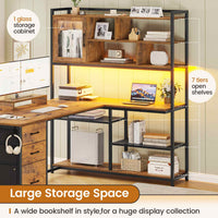 Sikaic Gaming Desk 58 Inches L Shaped Gaming Desk with LED Light 3 Drawers and Bookshelf Storage Shelves Brown