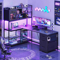 Sikaic Gaming Desk 58 Inches L Shaped Gaming Desk with LED Light 3 Drawers and Bookshelf Storage Shelves Black