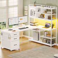 Sikaic Gaming Desk 58 Inches L Shaped Gaming Desk with LED Light 3 Drawers and Bookshelf Storage Shelves White