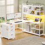 Sikaic Gaming Desk 58 Inches L Shaped Gaming Desk with LED Light 3 Drawers and Bookshelf Storage Shelves White