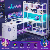 Sikaic Gaming Desk 58 Inches L Shaped Gaming Desk with LED Light 3 Drawers and Bookshelf Storage Shelves White