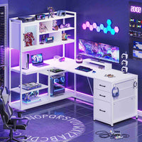Sikaic Gaming Desk 58 Inches L Shaped Gaming Desk with LED Light 3 Drawers and Bookshelf Storage Shelves White