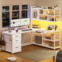 Sikaic Gaming Desk 58 Inches L Shaped Gaming Desk with LED Light 3 Drawers and Bookshelf Storage Shelves White