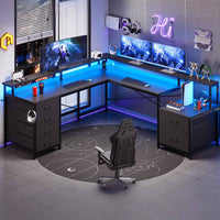 Sikaic Gaming Desk 108 Inches L Shaped  Led Lights Two Person Gaming Desk with 6 Drawers File Drawer & Power Outlet Monitor Shelf File Cabinet Black