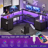 Sikaic Gaming Desk 108 Inches L Shaped  Led Lights Two Person Gaming Desk with 6 Drawers File Drawer & Power Outlet Monitor Shelf File Cabinet Black