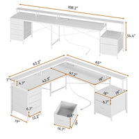 Sikaic Gaming Desk 108 Inches L Shaped  Led Lights Two Person Gaming Desk with 6 Drawers File Drawer & Power Outlet Monitor Shelf File Cabinet White