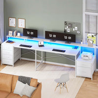 Sikaic Gaming Desk 108 Inches L Shaped  Led Lights Two Person Gaming Desk with 6 Drawers File Drawer & Power Outlet Monitor Shelf File Cabinet White