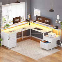 Sikaic Gaming Desk 108 Inches L Shaped  Led Lights Two Person Gaming Desk with 6 Drawers File Drawer & Power Outlet Monitor Shelf File Cabinet White