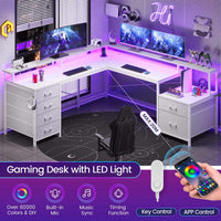 Sikaic Gaming Desk 108 Inches L Shaped  Led Lights Two Person Gaming Desk with 6 Drawers File Drawer & Power Outlet Monitor Shelf File Cabinet White