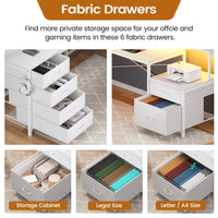 Sikaic Gaming Desk 108 Inches L Shaped  Led Lights Two Person Gaming Desk with 6 Drawers File Drawer & Power Outlet Monitor Shelf File Cabinet White