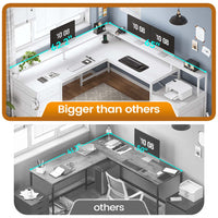 Sikaic Gaming Desk 108 Inches L Shaped  Led Lights Two Person Gaming Desk with 6 Drawers File Drawer & Power Outlet Monitor Shelf File Cabinet White