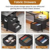 Sikaic Gaming Desk 108 Inches L Shaped  Led Lights Two Person Gaming Desk with 6 Drawers File Drawer & Power Outlet Monitor Shelf File Cabinet Grey