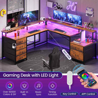 Sikaic Gaming Desk 108 Inches L Shaped  Led Lights Two Person Gaming Desk with 6 Drawers File Drawer & Power Outlet Monitor Shelf File Cabinet Rustic Brown