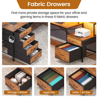 Sikaic Gaming Desk 108 Inches L Shaped  Led Lights Two Person Gaming Desk with 6 Drawers File Drawer & Power Outlet Monitor Shelf File Cabinet Rustic Brown