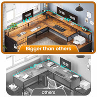 Sikaic Gaming Desk 108 Inches L Shaped  Led Lights Two Person Gaming Desk with 6 Drawers File Drawer & Power Outlet Monitor Shelf File Cabinet Rustic Brown