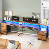 Sikaic Gaming Desk 108 Inches L Shaped  Led Lights Two Person Gaming Desk with 6 Drawers File Drawer & Power Outlet Monitor Shelf File Cabinet Rustic Brown