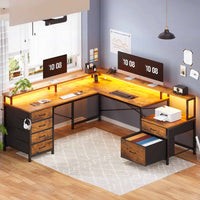 Sikaic Gaming Desk 108 Inches L Shaped  Led Lights Two Person Gaming Desk with 6 Drawers File Drawer & Power Outlet Monitor Shelf File Cabinet Rustic Brown