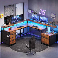 Sikaic Gaming Desk 108 Inches L Shaped  Led Lights Two Person Gaming Desk with 6 Drawers File Drawer & Power Outlet Monitor Shelf File Cabinet Rustic Brown
