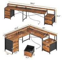 Sikaic Gaming Desk 108 Inches L Shaped  Led Lights Two Person Gaming Desk with 6 Drawers File Drawer & Power Outlet Monitor Shelf File Cabinet Rustic Brown