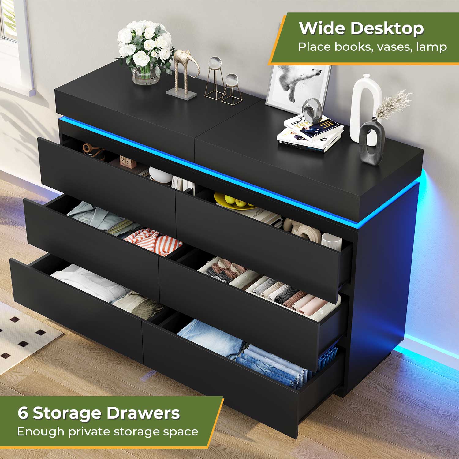 Sikaic Dresser Wide Dresser with LED Lights 6 Drawers Black Modern Sikaic Dresser Wide Dresser with LED Lights 6 Drawers Black Modern