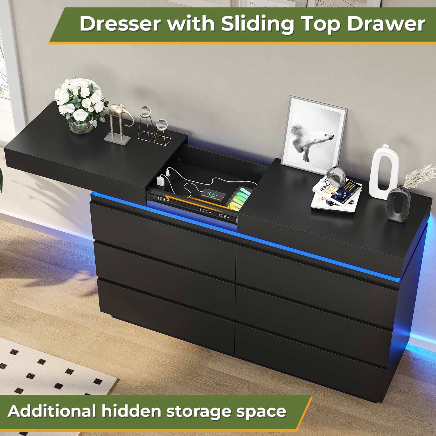 Sikaic Dresser Wide Dresser with LED Lights 6 Drawers Black Modern Sikaic Dresser Wide Dresser with LED Lights 6 Drawers Black Modern