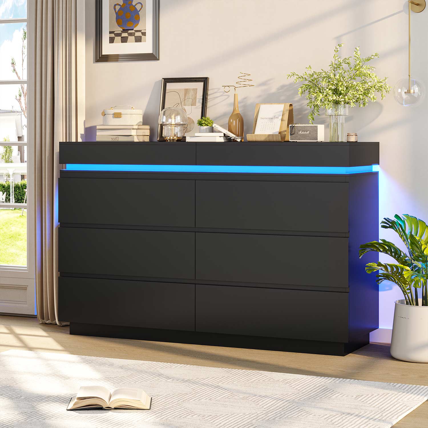 Sikaic Dresser Wide Dresser with LED Lights 6 Drawers Black Modern Sikaic Dresser Wide Dresser with LED Lights 6 Drawers Black Modern