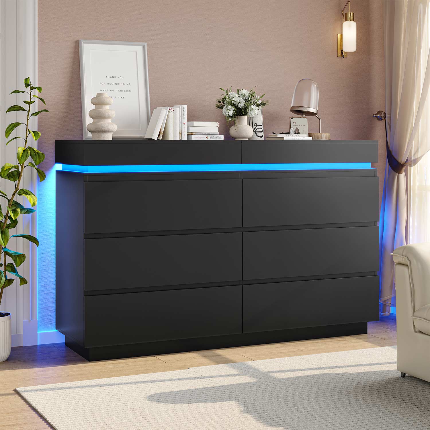 Sikaic Dresser Wide Dresser with LED Lights 6 Drawers Black Modern Sikaic Dresser Wide Dresser with LED Lights 6 Drawers Black Modern