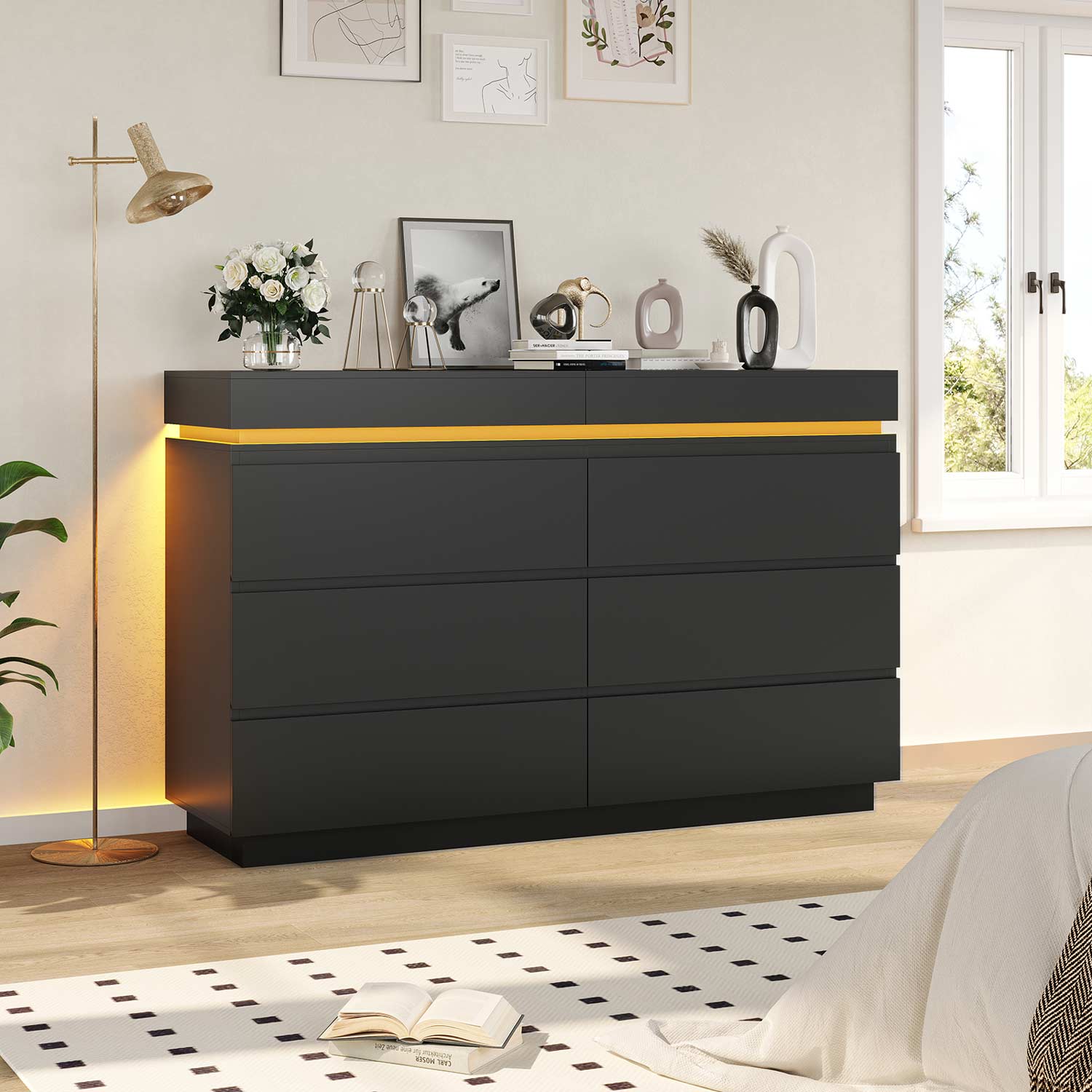 Sikaic Dresser Wide Dresser with LED Lights 6 Drawers Black Modern Sikaic Dresser Wide Dresser with LED Lights 6 Drawers Black Modern