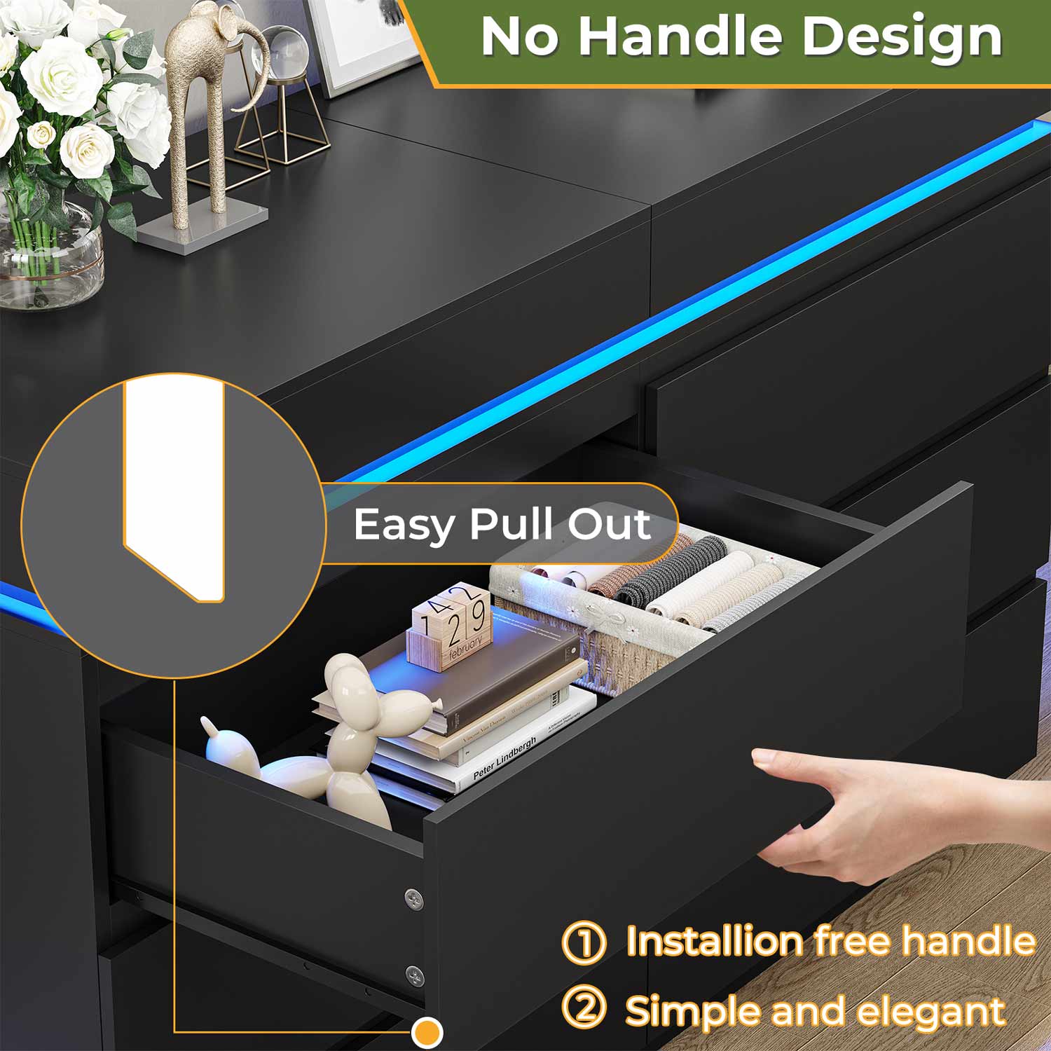 Sikaic Dresser Wide Dresser with LED Lights 6 Drawers Black Modern Sikaic Dresser Wide Dresser with LED Lights 6 Drawers Black Modern