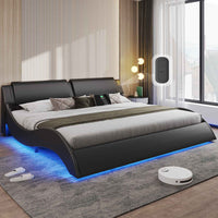 Sikaic Bed Frame Wave Like Curve LED Lighting Bed Frame with Charging Ports and Headboard Black