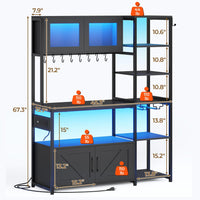 Sikaic Coffee Bar 45.3 Inches Farmhouse Coffee Bar Bakers Rack with Power Outlet and LED Light  Cabinet Kitchen with Storage Black