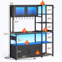 Sikaic Coffee Bar 45.3 Inches Farmhouse Coffee Bar Bakers Rack with Power Outlet and LED Light  Cabinet Kitchen with Storage Black
