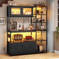 Sikaic Coffee Bar 45.3 Inches Farmhouse Coffee Bar Bakers Rack with Power Outlet and LED Light  Cabinet Kitchen with Storage Black