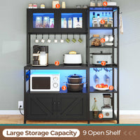 Sikaic Coffee Bar 45.3 Inches Farmhouse Coffee Bar Bakers Rack with Power Outlet and LED Light  Cabinet Kitchen with Storage Black