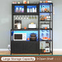 Sikaic Coffee Bar 45.3 Inches Farmhouse Coffee Bar Bakers Rack with Power Outlet and LED Light  Cabinet Kitchen with Storage Black