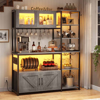 Sikaic Coffee Bar 45.3 Inches Farmhouse Coffee Bar Bakers Rack with Power Outlet and LED Light  Cabinet Kitchen with Storage Grey