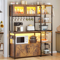 Sikaic Coffee Bar 45.3 Inches Farmhouse Coffee Bar Bakers Rack with Power Outlet and LED Light  Cabinet Kitchen with Storage Brown