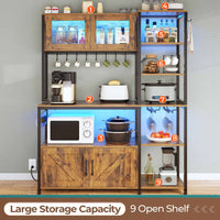Sikaic Coffee Bar 45.3 Inches Farmhouse Coffee Bar Bakers Rack with Power Outlet and LED Light  Cabinet Kitchen with Storage Brown