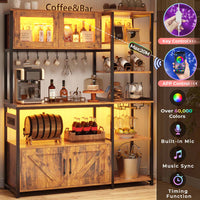 Sikaic Coffee Bar 45.3 Inches Farmhouse Coffee Bar Bakers Rack with Power Outlet and LED Light  Cabinet Kitchen with Storage Brown
