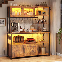 Sikaic Coffee Bar 45.3 Inches Farmhouse Coffee Bar Bakers Rack with Power Outlet and LED Light  Cabinet Kitchen with Storage Brown