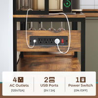 Sikaic Coffee Bar 45.3 Inches Farmhouse Coffee Bar Bakers Rack with Power Outlet and LED Light  Cabinet Kitchen with Storage Brown