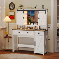 Sikaic Makeup Vanity Sliding Mirror Makeup Vanity with Lights & Barn Doors Charging Station Jewelry Hooks and Open Storage Shelves White