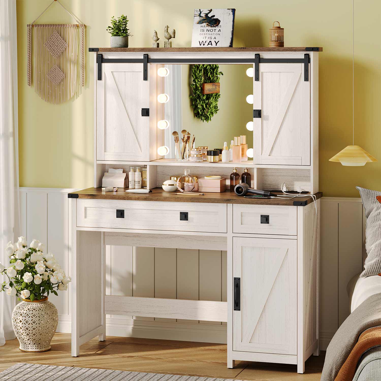 Makeup Vanity with LED Sliding Mirror White | Sikaic Makeup Vanity with LED Sliding Mirror White | Sikaic