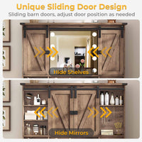 Sikaic Makeup Vanity Sliding Mirror Makeup Vanity with Lights & Barn Doors Charging Station Jewelry Hooks and Open Storage Shelves Brown