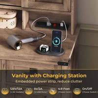 Sikaic Makeup Vanity Sliding Mirror Makeup Vanity with Lights & Barn Doors Charging Station Jewelry Hooks and Open Storage Shelves Brown