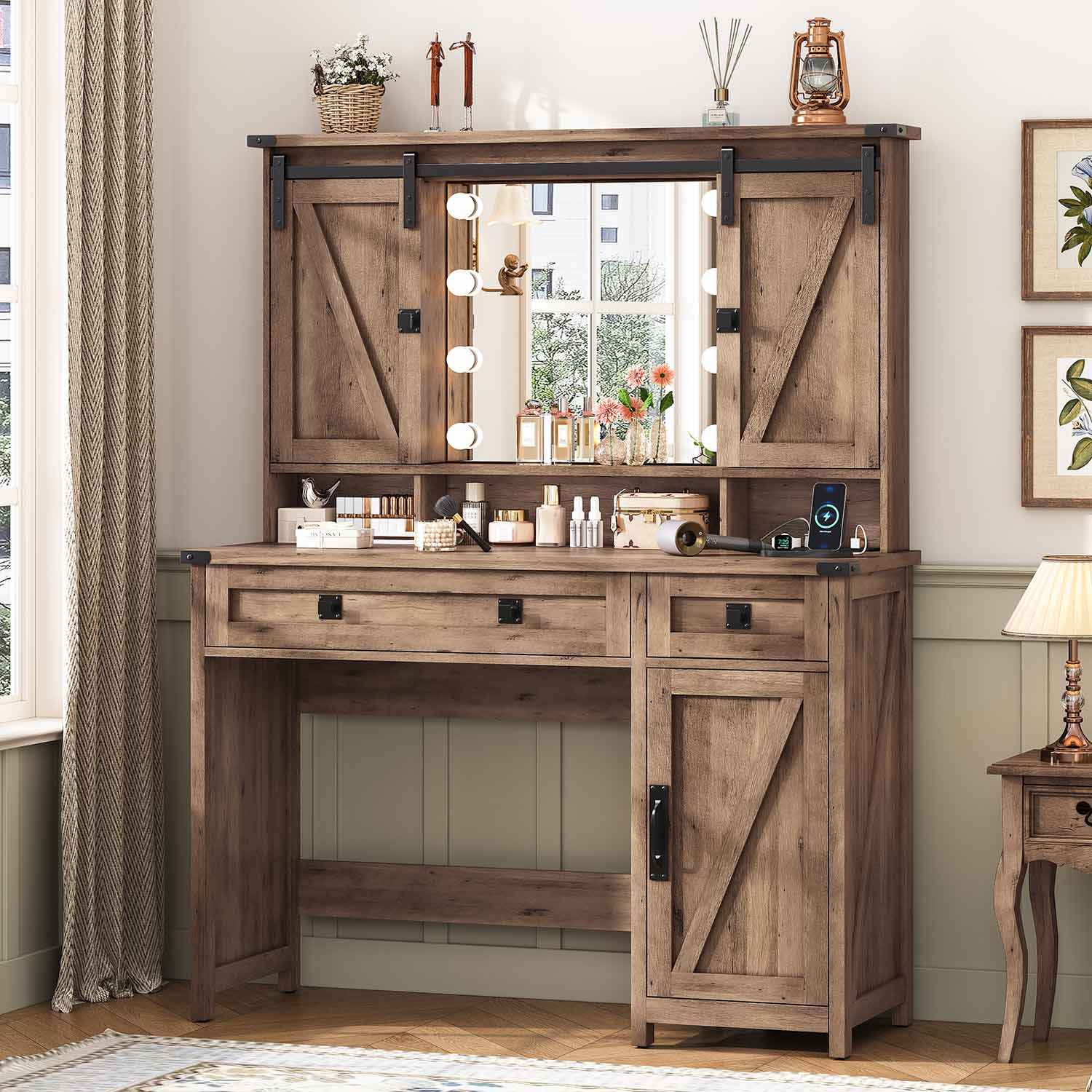 Sikaic Makeup Vanity with LED Mirror Sliding Barn Doors Brown Sikaic Makeup Vanity with LED Mirror Sliding Barn Doors Brown