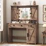 Sikaic Makeup Vanity Sliding Mirror Makeup Vanity with Lights & Barn Doors Charging Station Jewelry Hooks and Open Storage Shelves Brown