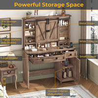 Sikaic Makeup Vanity Sliding Mirror Makeup Vanity with Lights & Barn Doors Charging Station Jewelry Hooks and Open Storage Shelves Brown