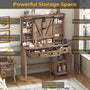 Sikaic Makeup Vanity Sliding Mirror Makeup Vanity with Lights & Barn Doors Charging Station Jewelry Hooks and Open Storage Shelves Brown
