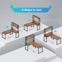 Sikaic Gaming Desk 45.3 inches LED Reversible L Shaped Gaming Desk with Hutch Power Outlet Storage Shelves  and Hooks Brown